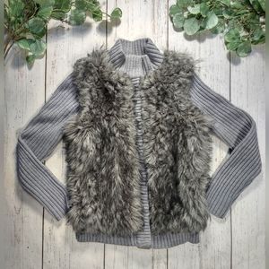 MICHAEL Michael Kors Gray Faux Fur Layer Rib Knit Sweater Jacket